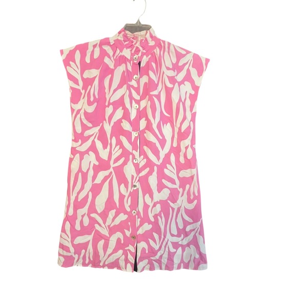 THML Trish Dress XS Pink White Leaf Print Button Down High Neck Mini Lined NWOT - Picture 1 of 11